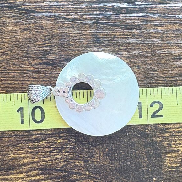 VTG Sterling Silver 925 Mother of Pearl Circle Pendant Size 1.75" Length - Picture 7 of 9